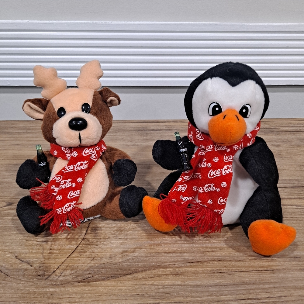 Vintage Coca-Cola Penguin and Reindeer Plush Set